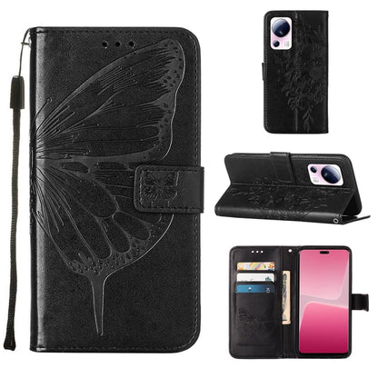 Black folio leather phone case with embossed butterfly, stand cover and card slots