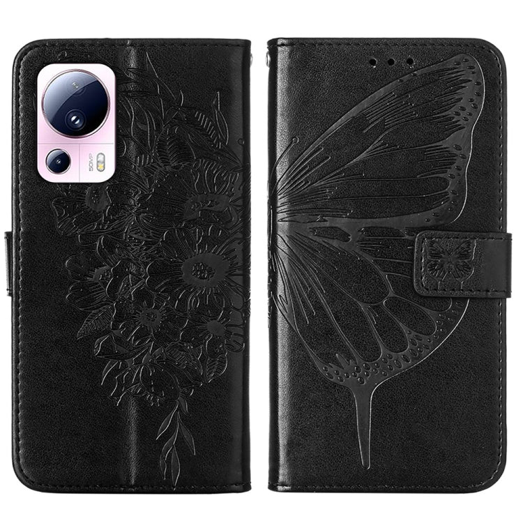 Black embossed butterfly folio leather phone case with side cutout and card slots