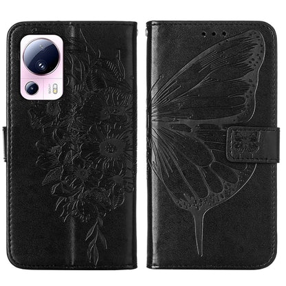 Black embossed butterfly folio leather phone case with side cutout and card slots