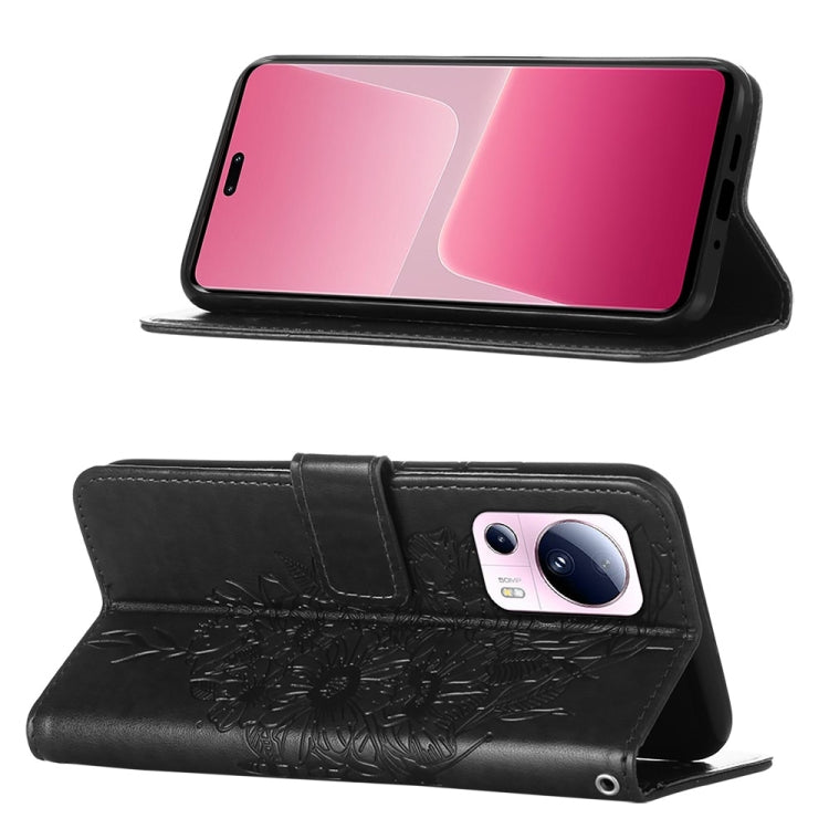 Black embossed butterfly leather phone case with flip stand and card slots