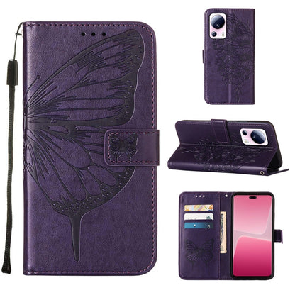 Dark purple folio leather phone case with embossed butterfly, stand cover and card slots