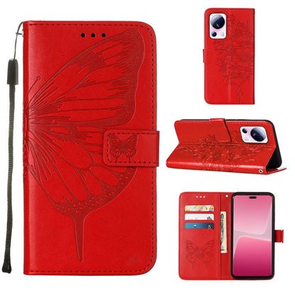 Red folio leather phone case with embossed butterfly, stand cover and card slots