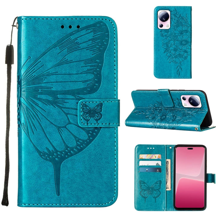 Blue folio leather phone case with embossed butterfly, stand cover and card slots