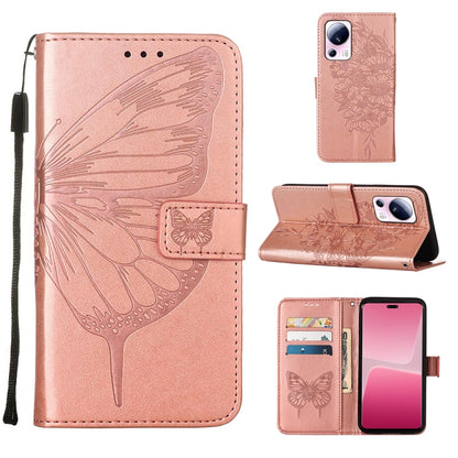 Rose gold folio leather phone case with embossed butterfly, stand cover and card slots