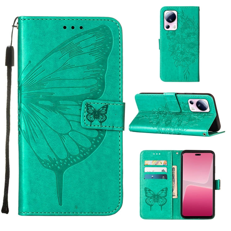 Green folio leather phone case with embossed butterfly, stand cover and card slots