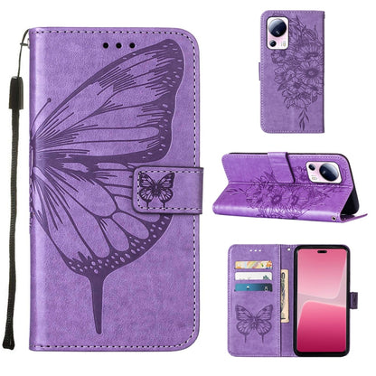 Light purple folio leather phone case with embossed butterfly, stand cover and card slots