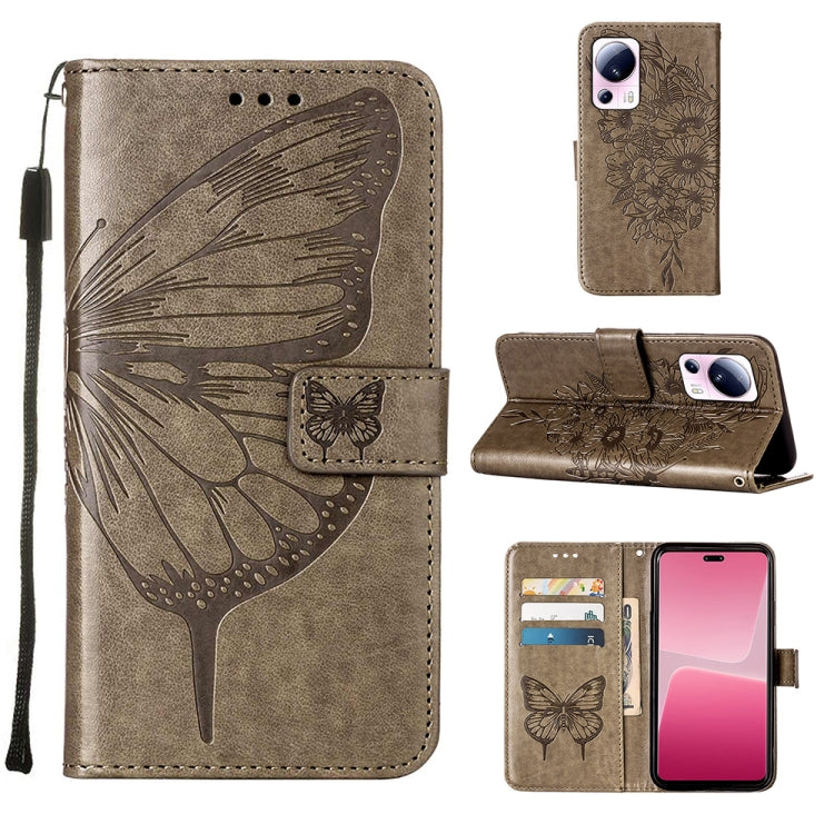 Beige embossed butterfly leather phone case with folio flip cover and wrist strap