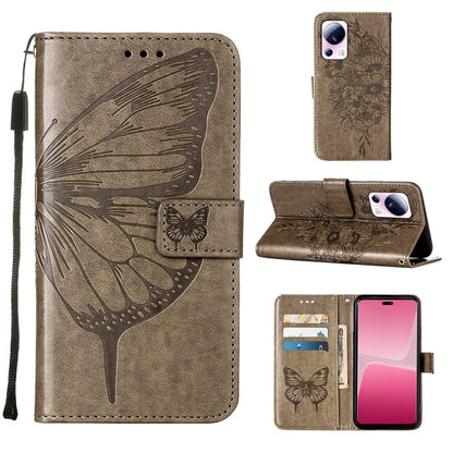 Beige embossed butterfly leather phone case with folio flip cover and wrist strap