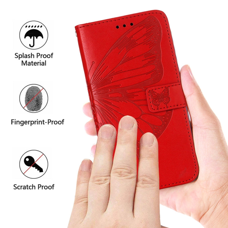 Red embossed butterfly leather wallet phone case with folio cover and card pocket