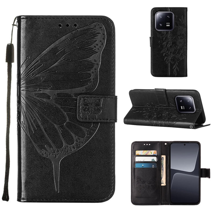 Black embossed butterfly leather phone case with folio flip cover and card pocket