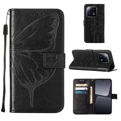 Black embossed butterfly leather phone case with folio flip cover and card pocket