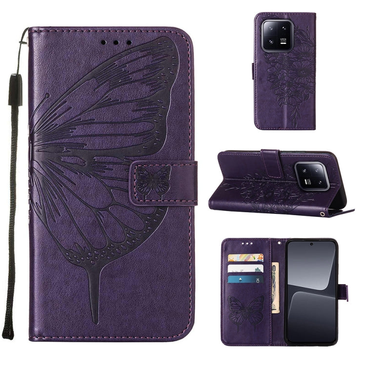 Dark purple embossed butterfly leather phone case with folio flip cover and wrist strap