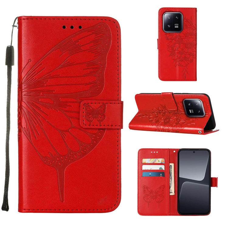 Red embossed butterfly leather phone case with folio flip cover and wrist strap