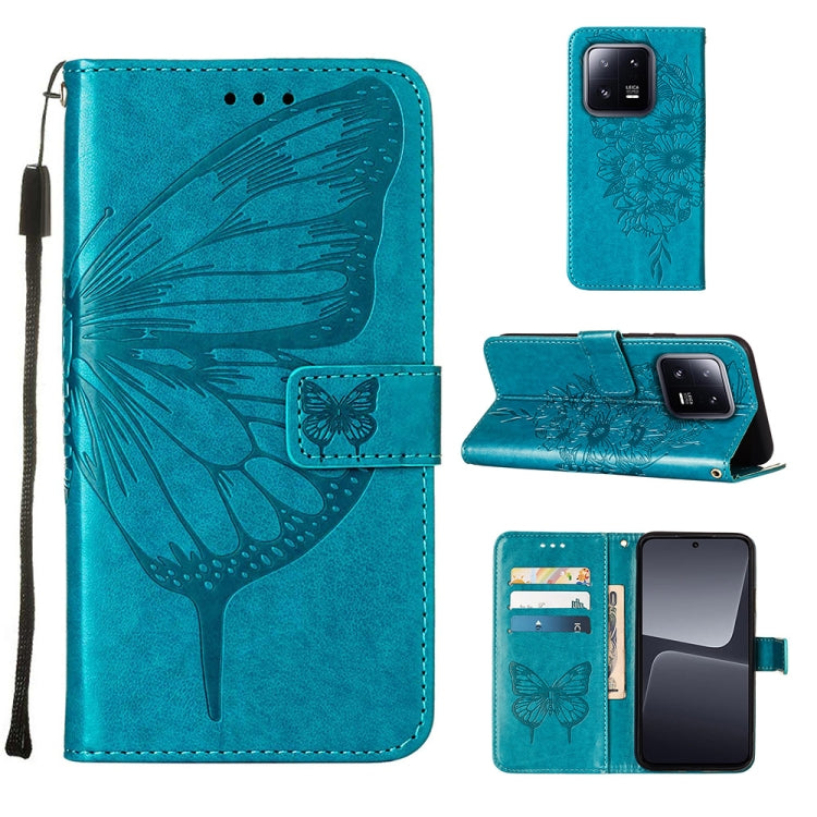 Teal embossed butterfly leather phone case with folio flip cover and wrist strap