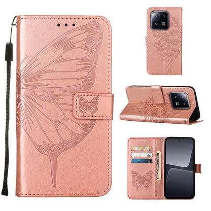 Rose gold embossed butterfly leather phone case with folio flip cover and wrist strap