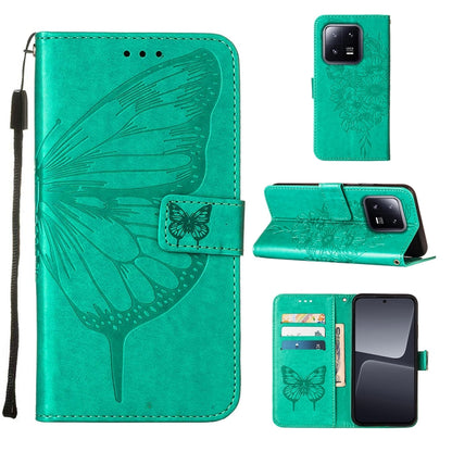 Green embossed butterfly leather phone case with folio flip cover and wrist strap