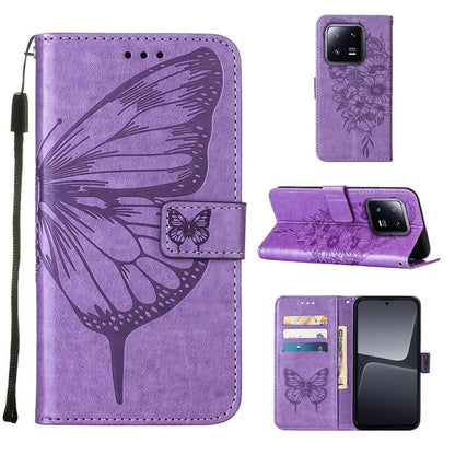 Light purple embossed butterfly leather phone case with folio flip cover and wrist strap