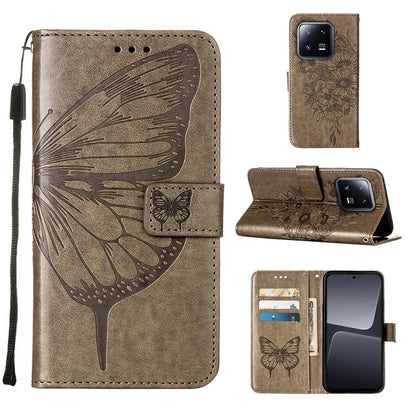 Beige embossed butterfly leather phone case with folio flip cover and wrist strap