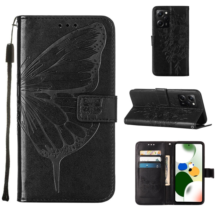 Black embossed butterfly leather phone case with folio flip cover and wrist strap