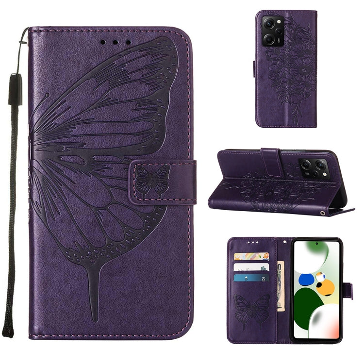 Purple embossed butterfly leather wallet phone case with card slots and folio stand