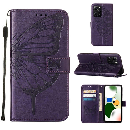 Purple embossed butterfly leather wallet phone case with card slots and folio stand