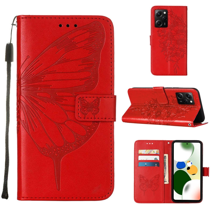 Red embossed butterfly leather wallet phone case with card slots and folio stand