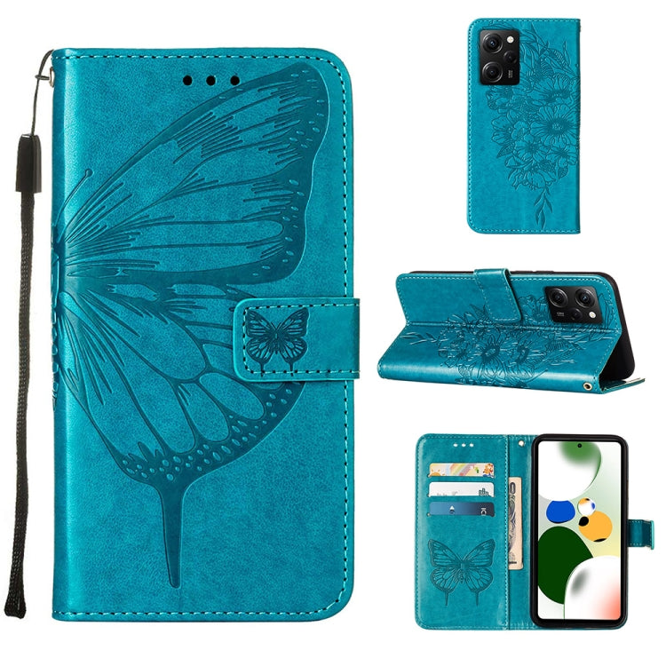 Blue embossed butterfly leather wallet phone case with card slots and folio stand