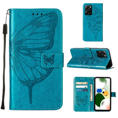 Blue embossed butterfly leather wallet phone case with card slots and folio stand