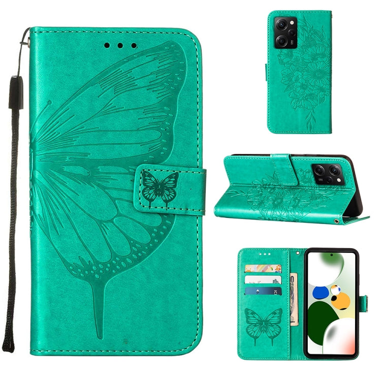 Green embossed butterfly leather wallet phone case with card slots and folio stand
