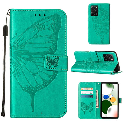 Green embossed butterfly leather wallet phone case with card slots and folio stand