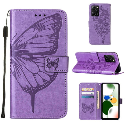 Purple embossed butterfly leather wallet phone case with folio stand and card slots