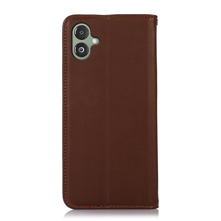 Brown leather phone case back view with dual camera cutout and side stitching