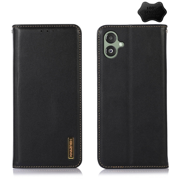 Black leather phone case with front holes, dual camera cutout, and stitched edges
