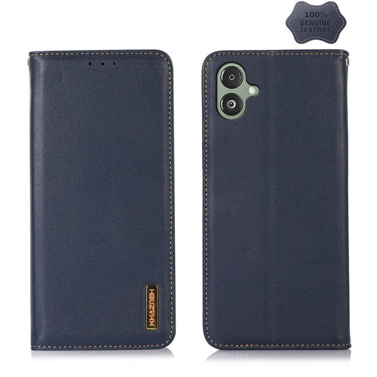 Blue leather phone case with front holes and dual camera cutout