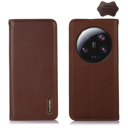 Brown leather phone case with triple camera cutout and stitched edges
