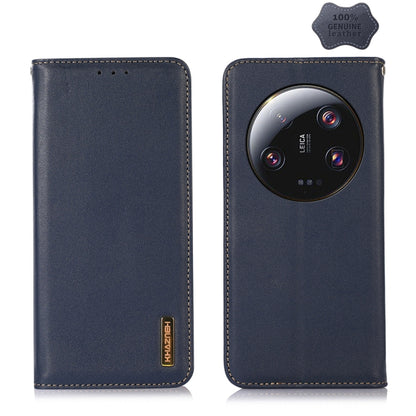 KHAZNEH leather phone case, blue with stitched trim and camera cutout window