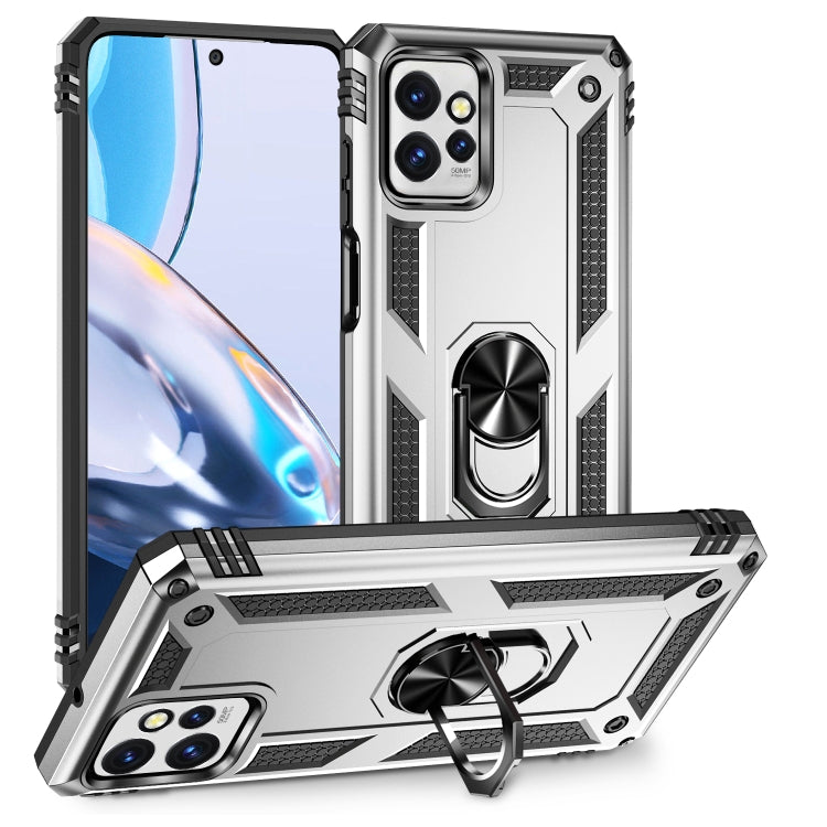 Shockproof phone case in silver with rotating ring stand and textured grips
