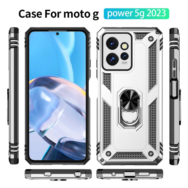Shockproof phone case set in silver with rotating ring stand and raised camera guards