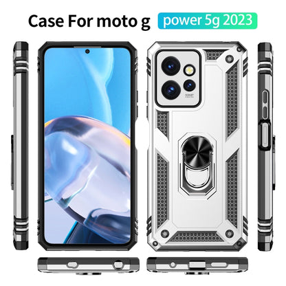 Shockproof phone case set in silver with rotating ring stand and raised camera guards