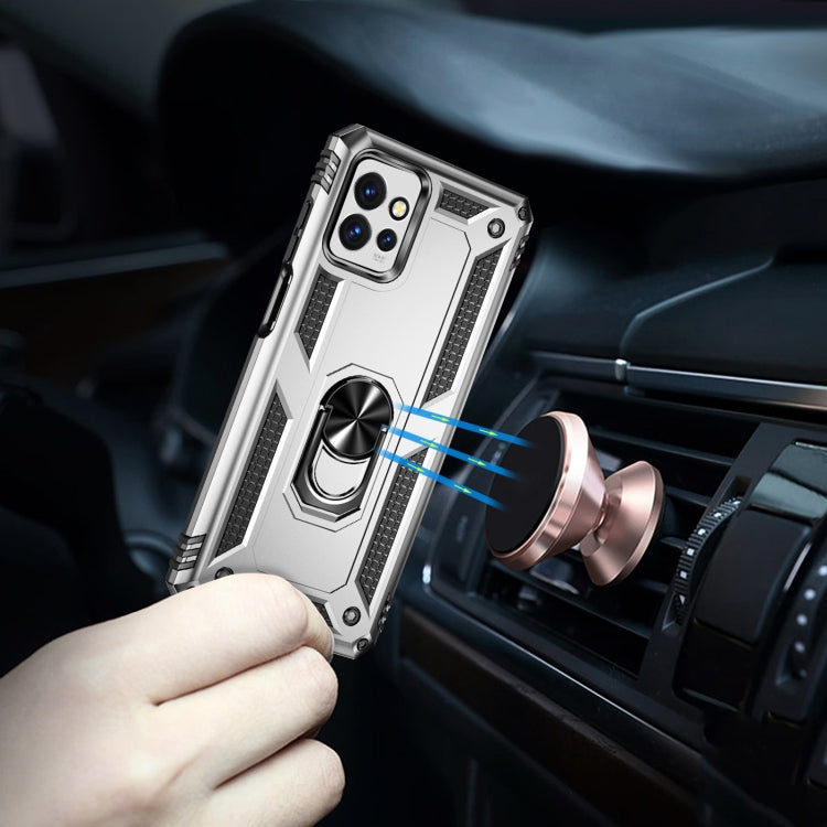 Shockproof phone case in silver with rotating ring stand for car dashboard use