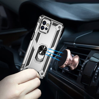 Shockproof phone case in silver with rotating ring stand for car dashboard use