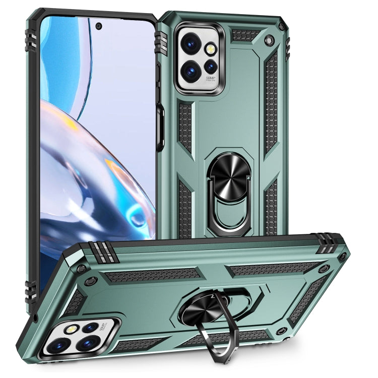 Shockproof phone case in dark green with rotating ring stand and textured grips