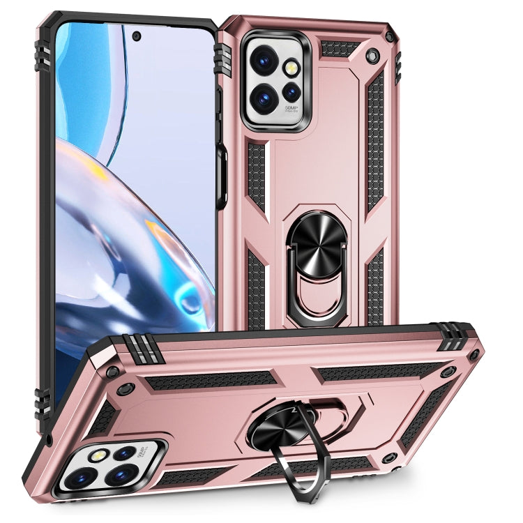 Shockproof phone case in rose gold with rotating ring stand and raised camera guards