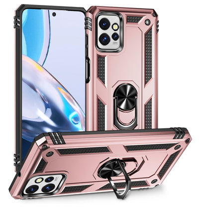 Shockproof phone case in rose gold with rotating ring stand and raised camera guards