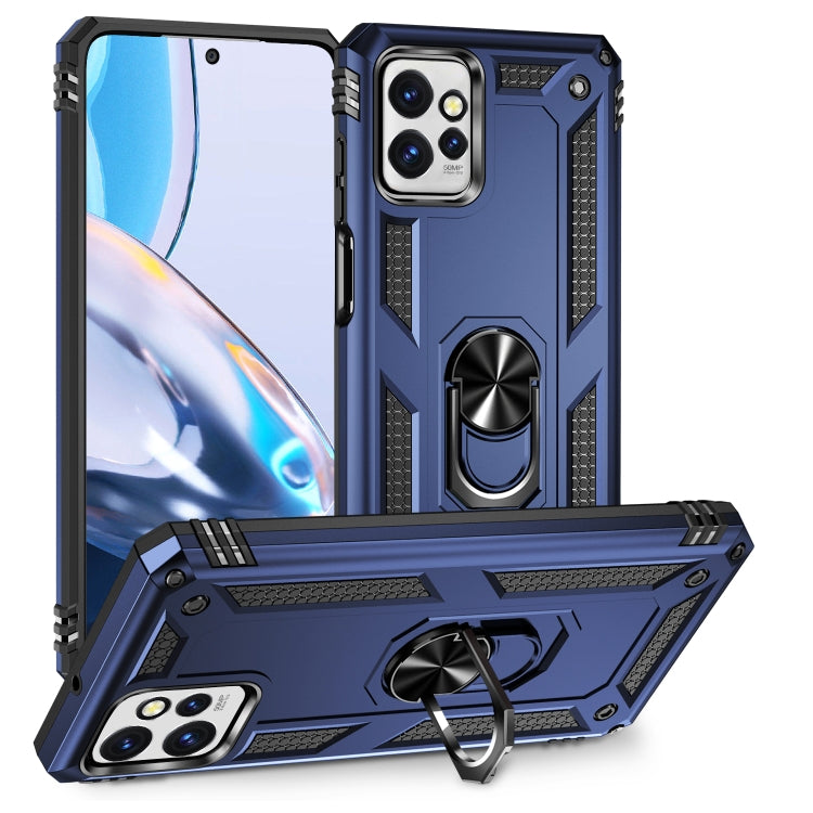 Shockproof phone case in blue with rotating ring stand and textured grips