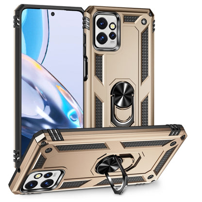 Shockproof phone case in gold with rotating ring stand and raised camera guards