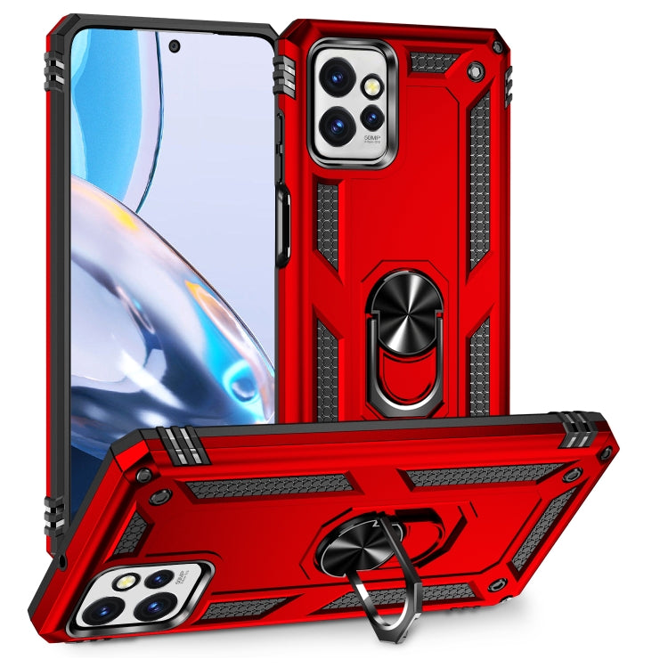 Shockproof phone case with holder ring, red TPU + PC shell, raised camera protection