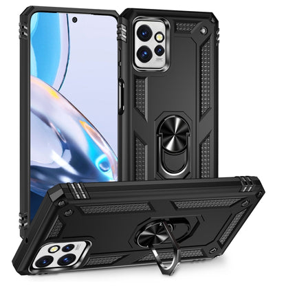 Shockproof phone case with holder ring, black TPU + PC shell, textured grip and camera cover