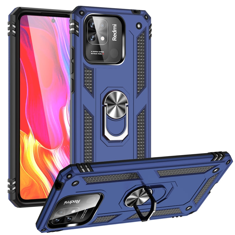 Shockproof phone case with holder ring, blue TPU + PC shell, kickstand ring and camera cutout