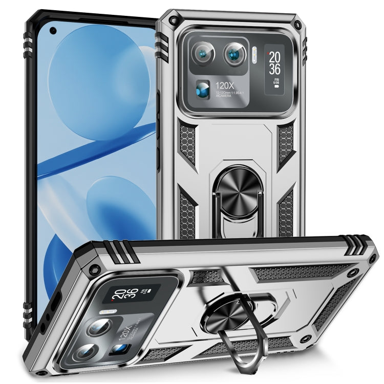 Shockproof phone case with holder ring, silver TPU + PC shell, raised camera protection